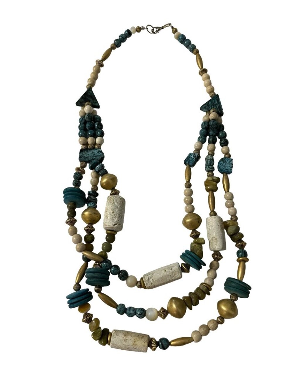 Vintage Multi Strand Beaded Necklace 24” Turquoise Stone Brass Boho Statement Je